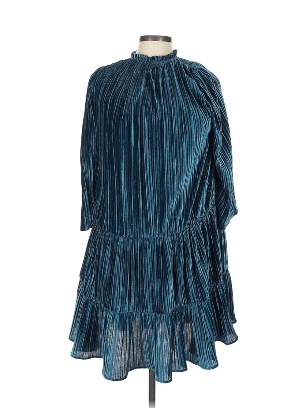 Shoshanna Teal Pleated Velvet Tiered Long Sleeve Dress